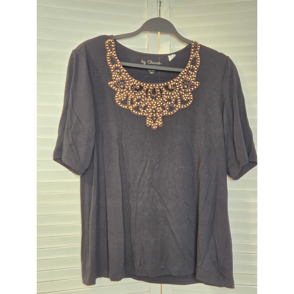 Chico's Embellished Beaded Neckline Top Size 2 Black Rayon Spandex Short Sleeve